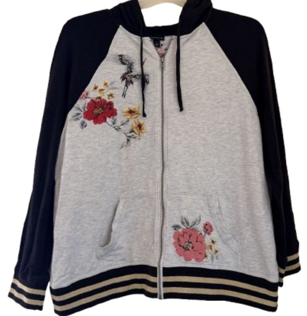 Torrid Women's Size 1 Embroidered Floral Bird Zip Hoodie Gray Gold Glitter